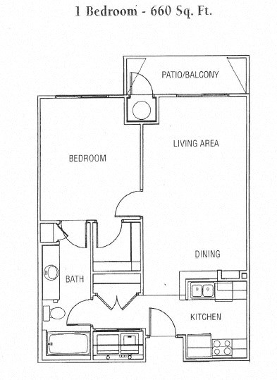 Floor plan for 1 bed, 1 bath, 660 sqft